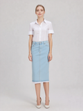 Lace Trim Denim Midi Skirt