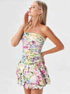 Allover Floral Shirred Bandeau Voluminous Mini Dress