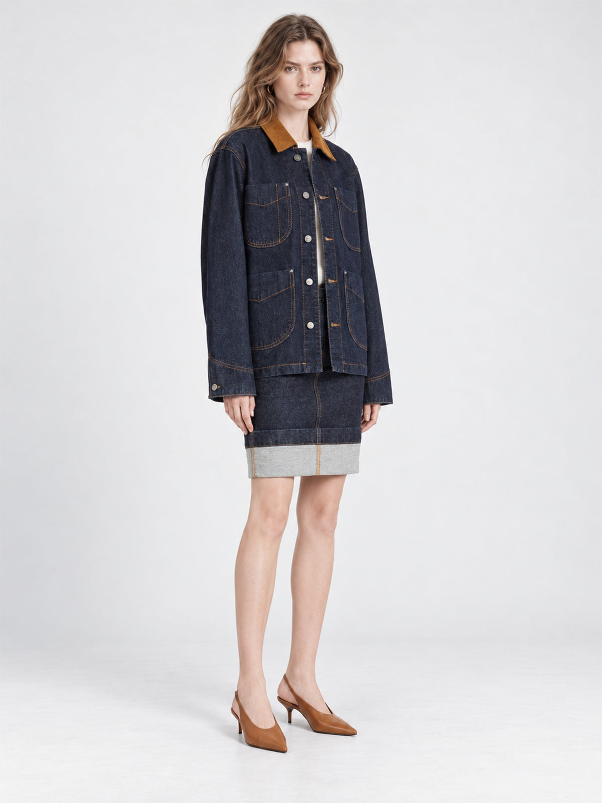 Vintage Corduroy Collar Denim Utility Jacket