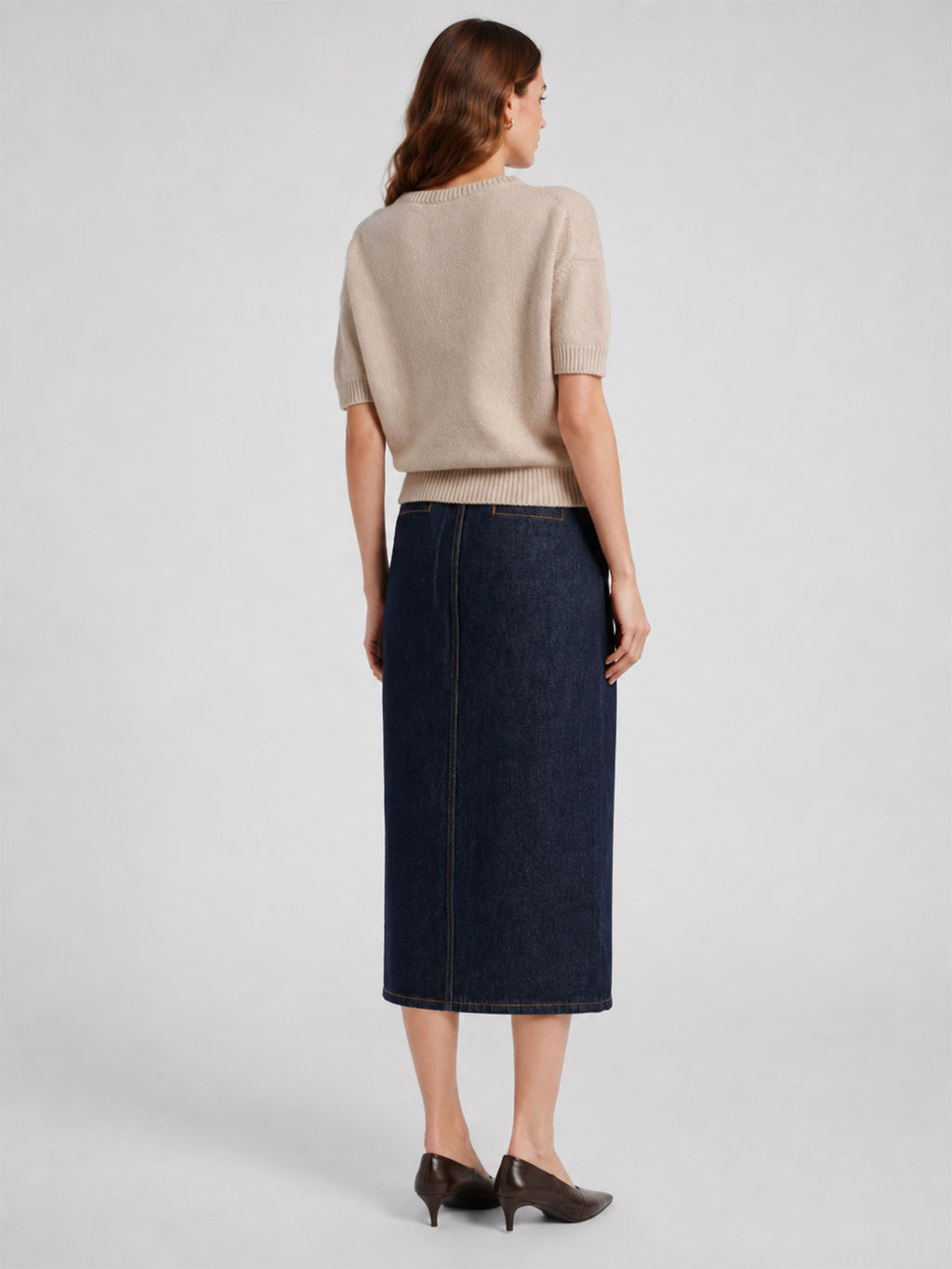Dark Indigo Front-Slit Denim Midi Skirt