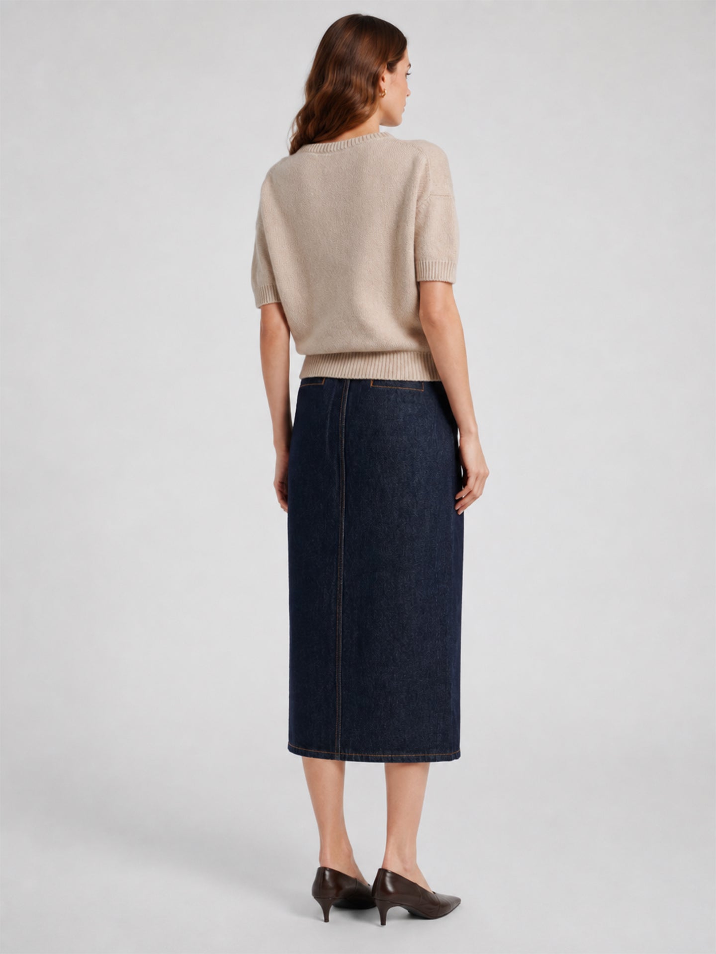 Dark Indigo Front-Slit Denim Midi Skirt