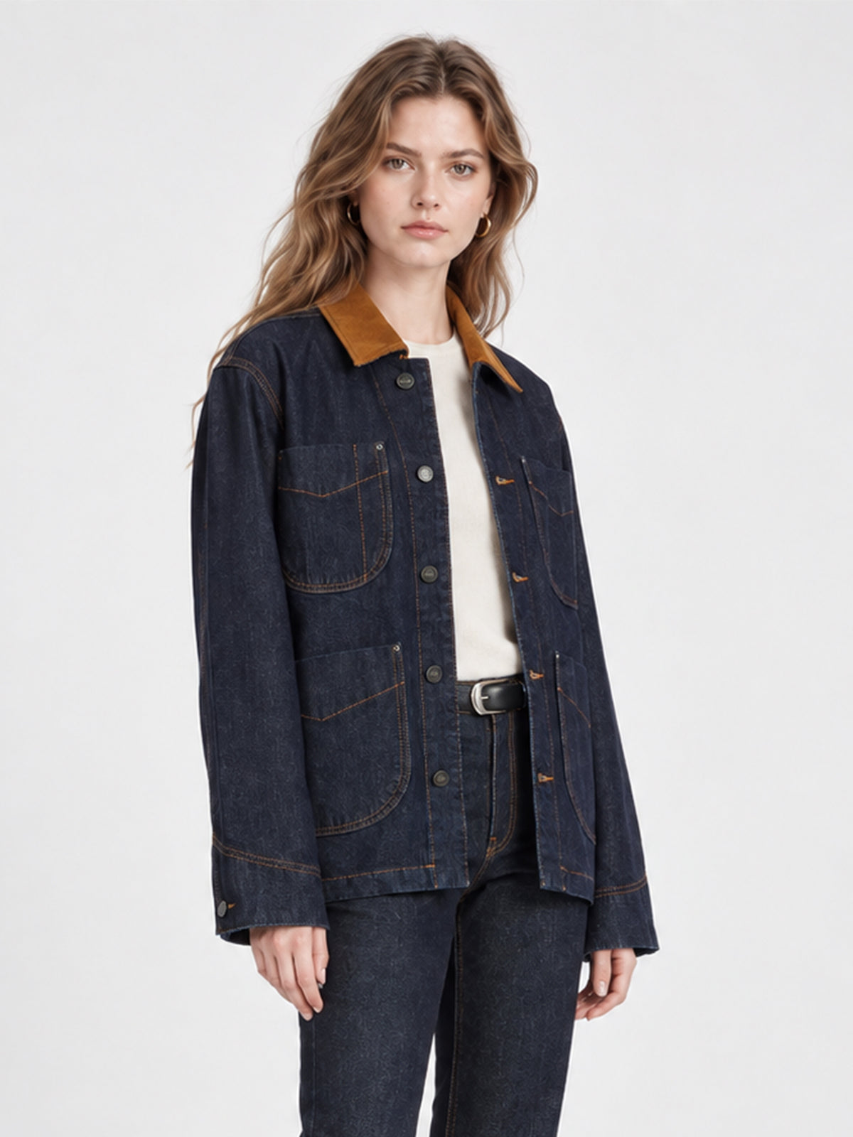 Vintage Corduroy Collar Denim Utility Jacket