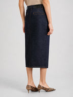 Dark Indigo Front-Slit Denim Midi Skirt