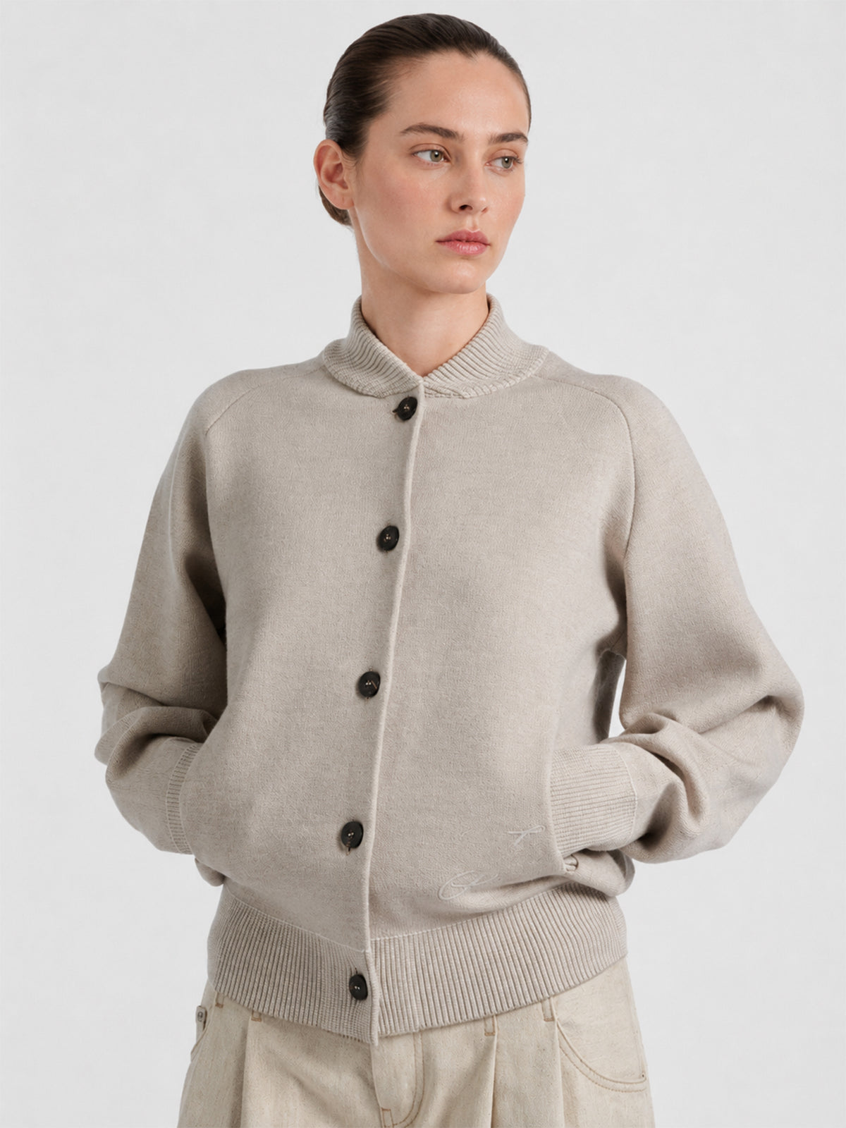 Ribbed Collar Button Knit Cardigan