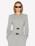 Grey Hooded Zip-Up Belted Bodysuit