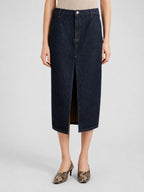 Dark Indigo Front-Slit Denim Midi Skirt