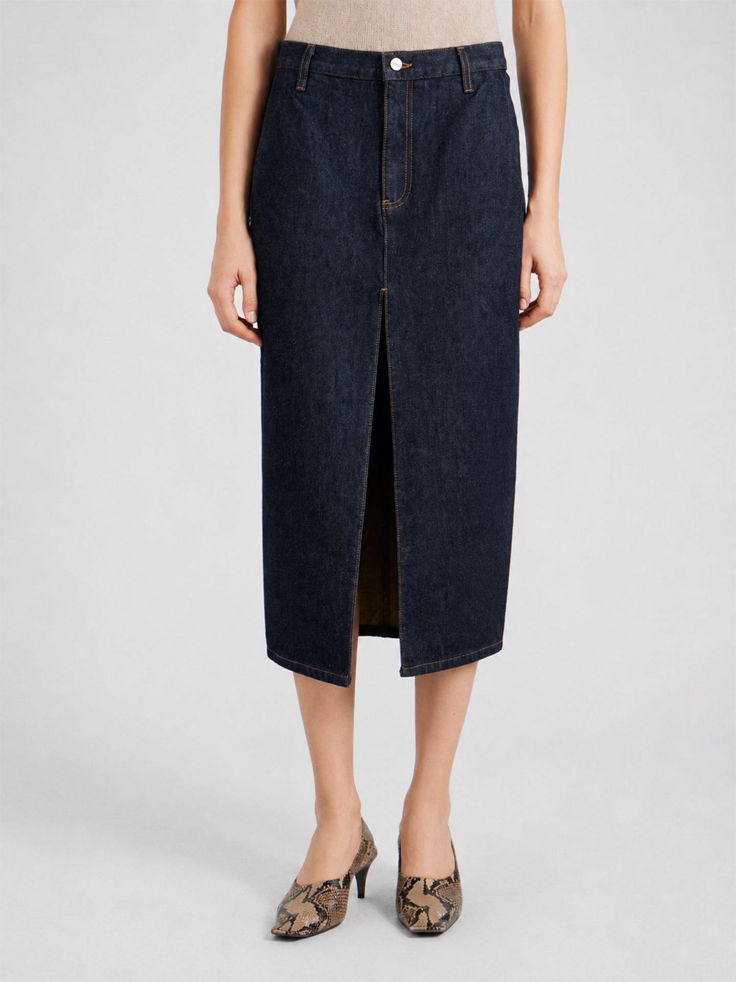 Dark Indigo Front-Slit Denim Midi Skirt