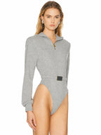 Grey Hooded Zip-Up Belted Bodysuit