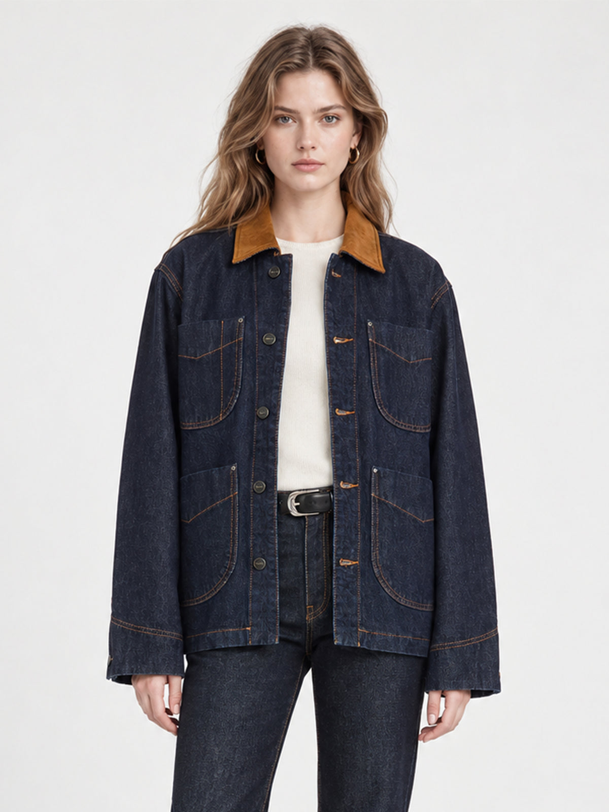 Vintage Corduroy Collar Denim Utility Jacket
