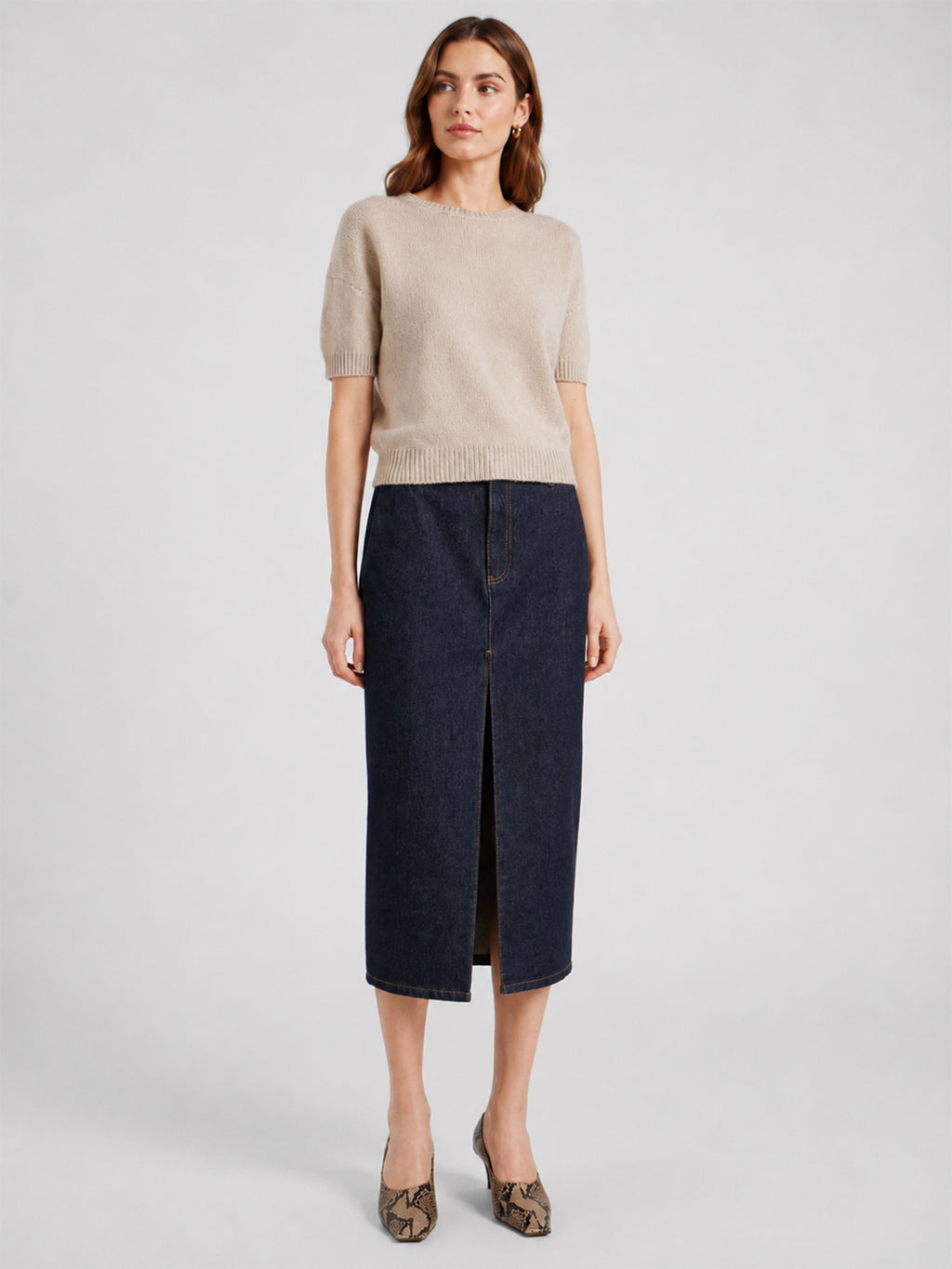 Dark Indigo Front-Slit Denim Midi Skirt