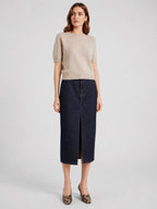 Dark Indigo Front-Slit Denim Midi Skirt