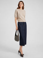 Dark Indigo Front-Slit Denim Midi Skirt
