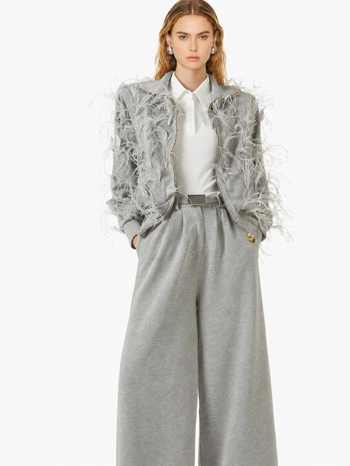 Grey Pleated Wide-Leg Belted Pants