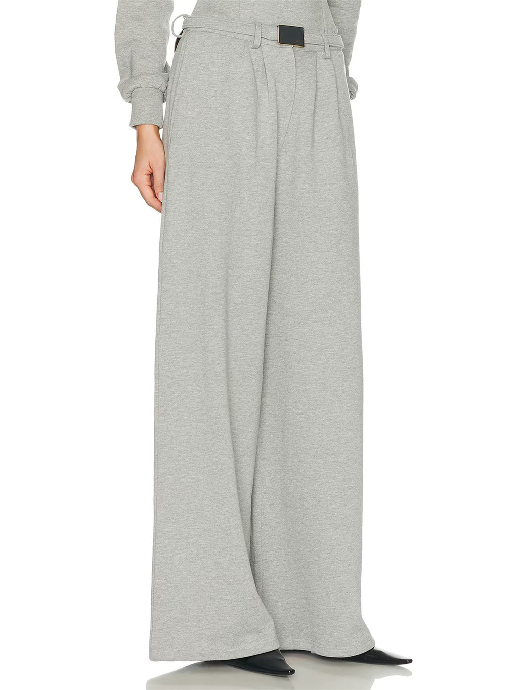 Grey Pleated Wide-Leg Belted Pants