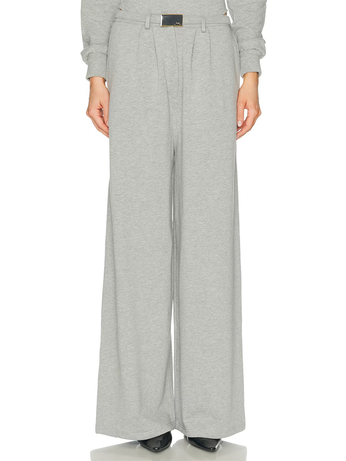 Grey Pleated Wide-Leg Belted Pants