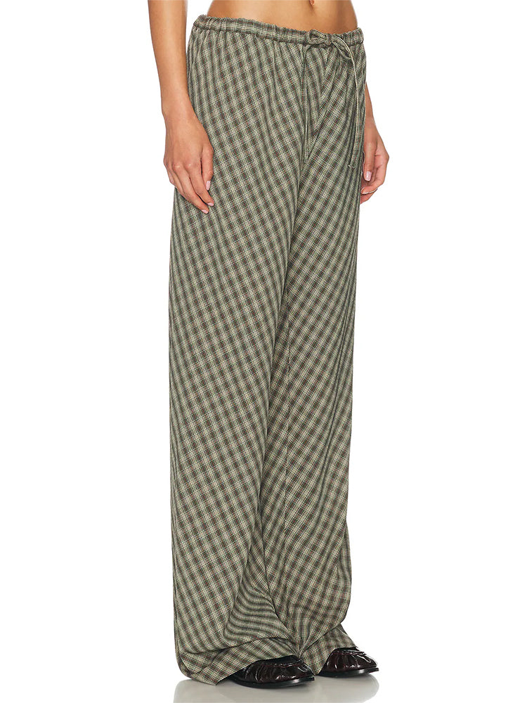 Plaid Drawstring Wide-Leg Pants