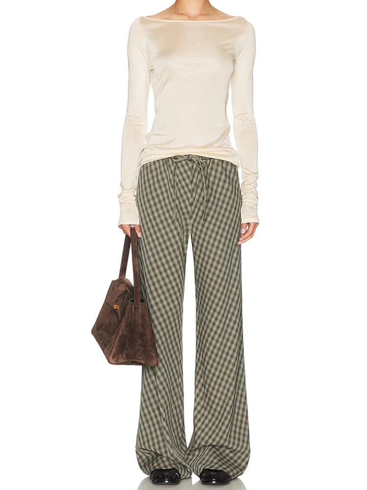 Plaid Drawstring Wide-Leg Pants