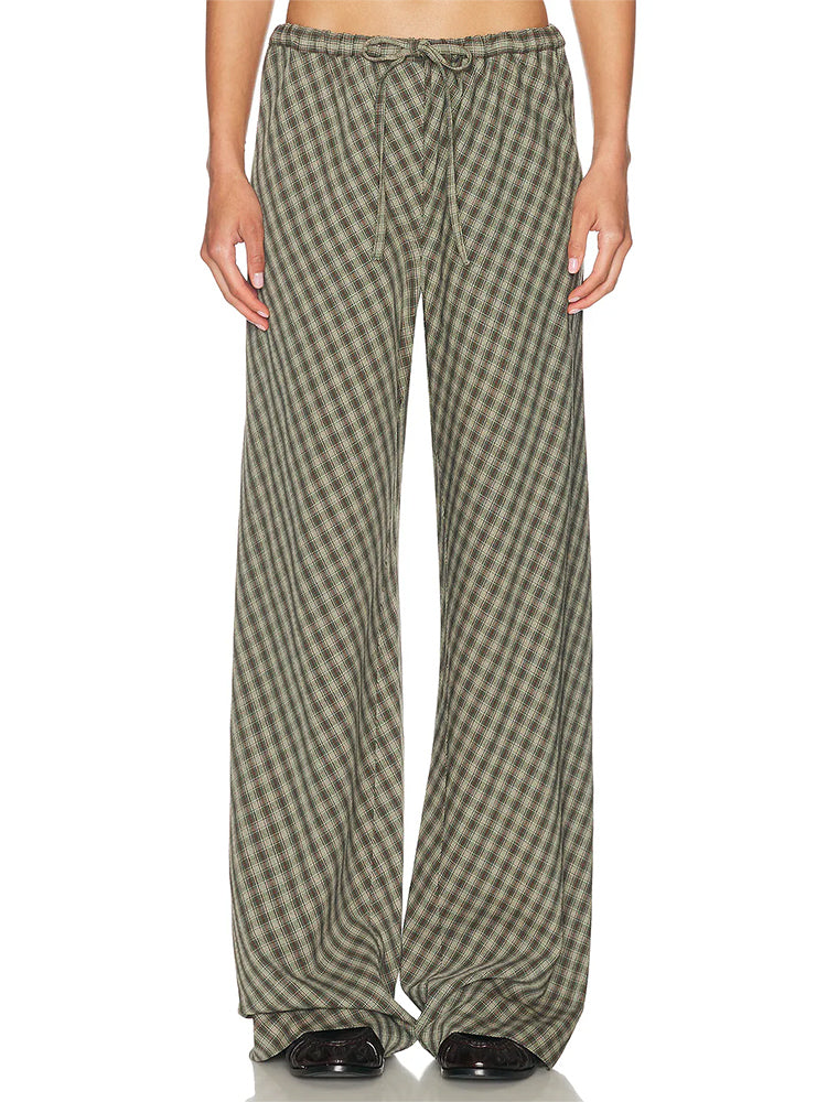 Plaid Drawstring Wide-Leg Pants