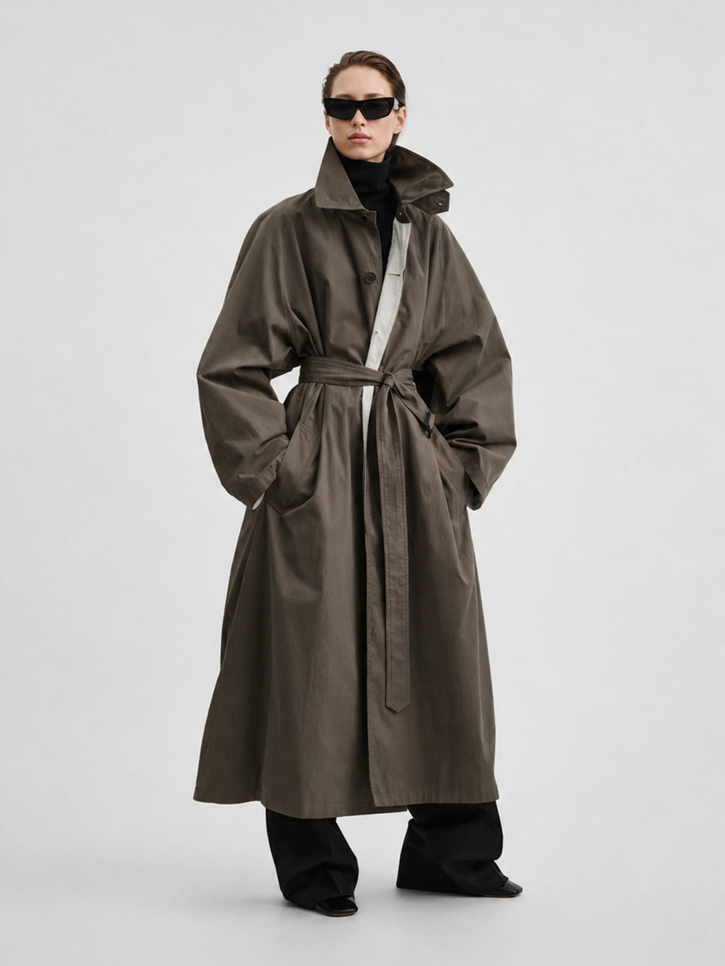 Oversized Belted High-Collar Trench Coat