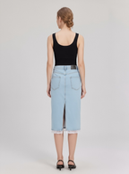 Lace Trim Denim Midi Skirt