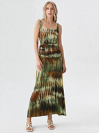 Tie Dye Square Neck Ruched Maxi Dress