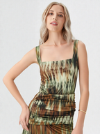 Tie Dye Square Neck Ruched Maxi Dress