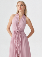 Deep V Ruffle Trim High Slit Party Gown