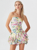 Allover Floral Shirred Bandeau Voluminous Mini Dress
