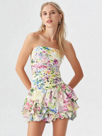 Allover Floral Shirred Bandeau Voluminous Mini Dress