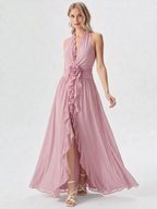 Deep V Ruffle Trim High Slit Party Gown