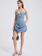 Off Shoulder Ruched Denim Mini Dress