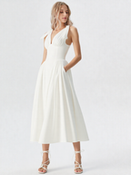 White Chiffon Bow-Strap Midi Dress