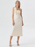Off-Center Large Bow Fitted Sheath Midi Dress