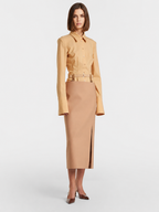 Women’s Beige Tailored Button-Up Blouse with Structured Shoulders