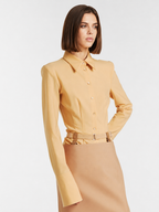 Women’s Beige Tailored Button-Up Blouse with Structured Shoulders