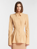 Women’s Beige Tailored Button-Up Blouse with Structured Shoulders