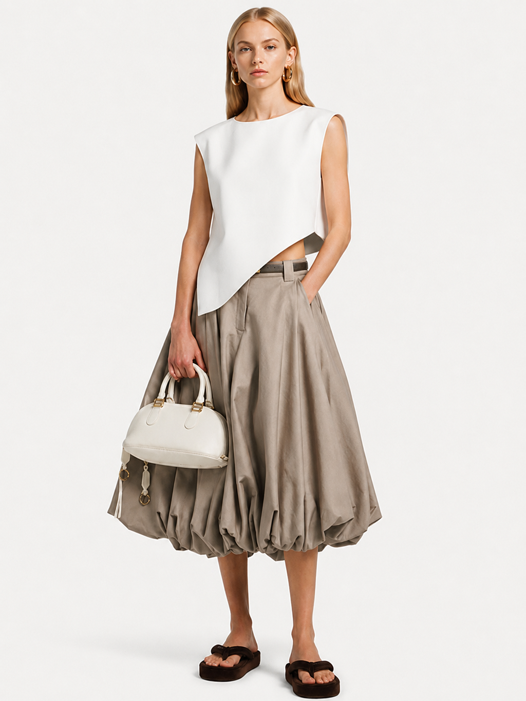Taupe Pleated Bubble Midi Skirt