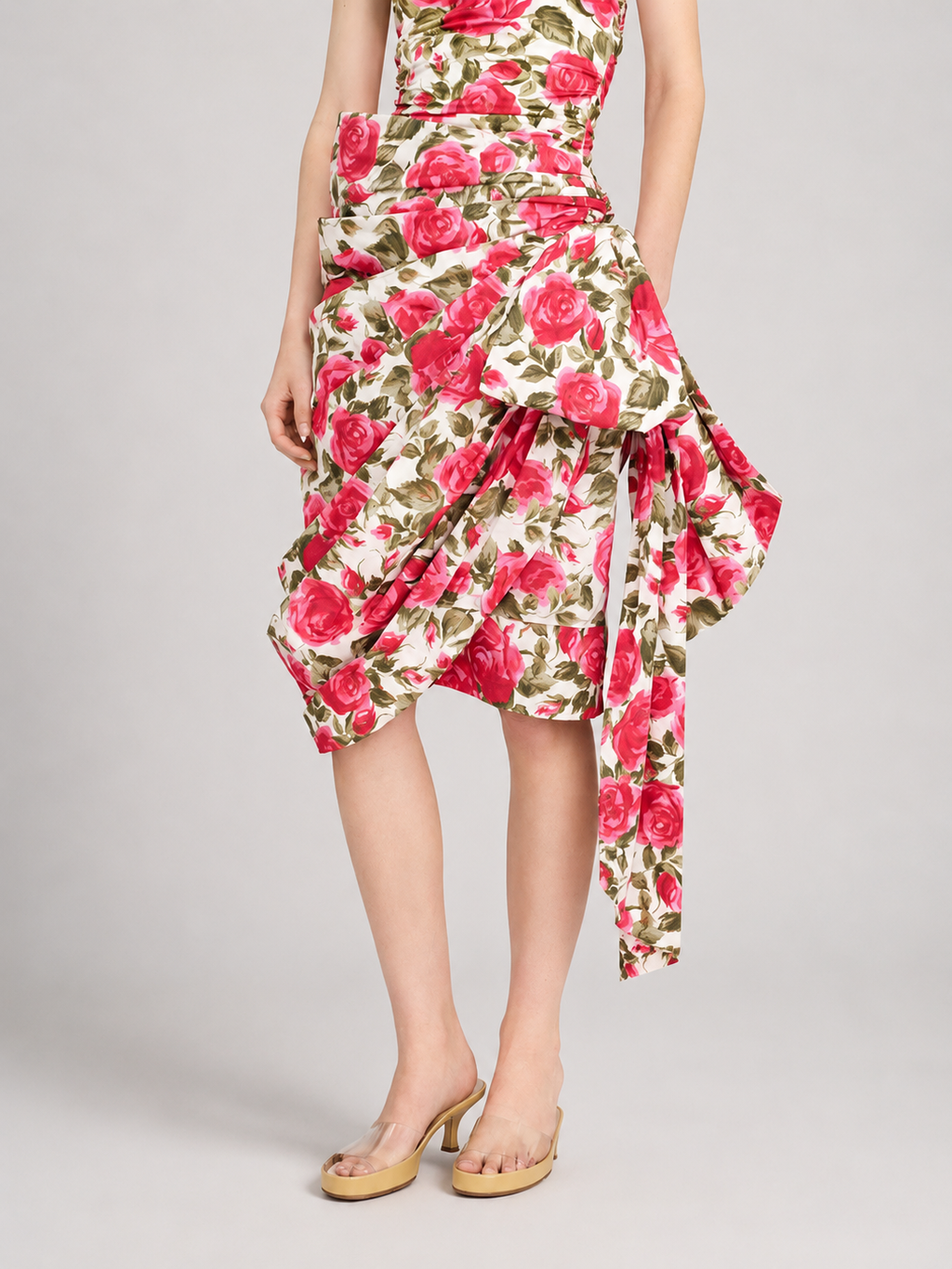 Rose Print Draped Midi Skirt