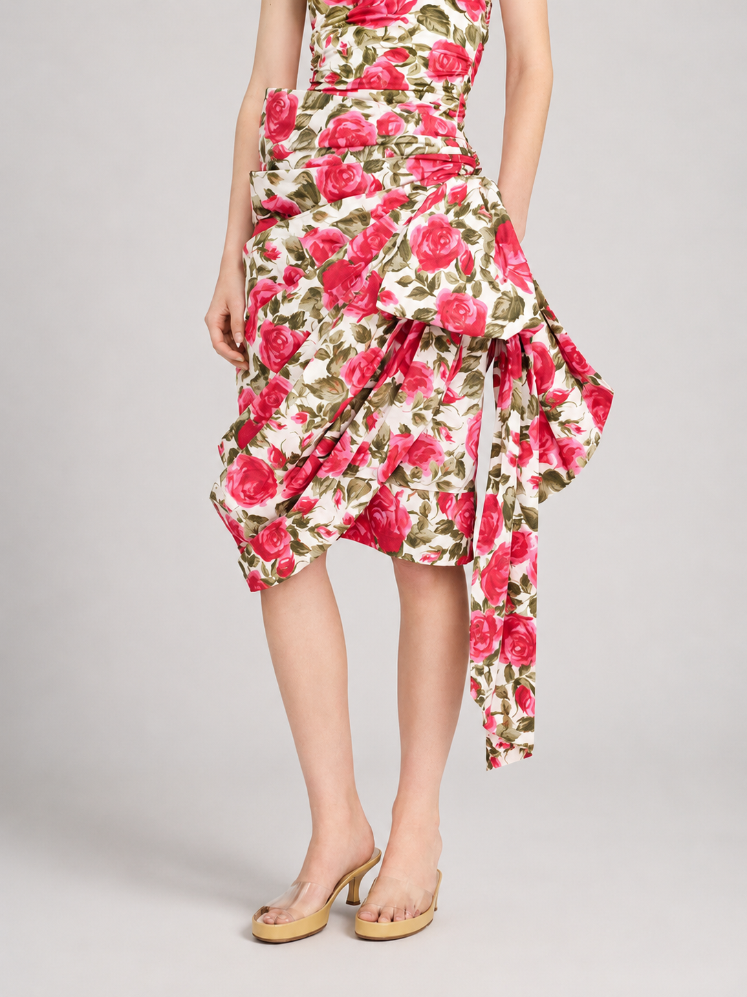 Rose Print Draped Midi Skirt