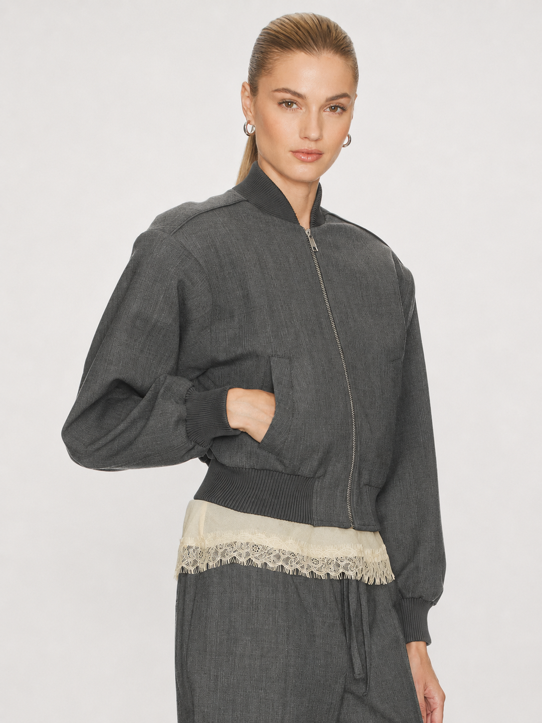 Charcoal Cropped Bomber Jacket