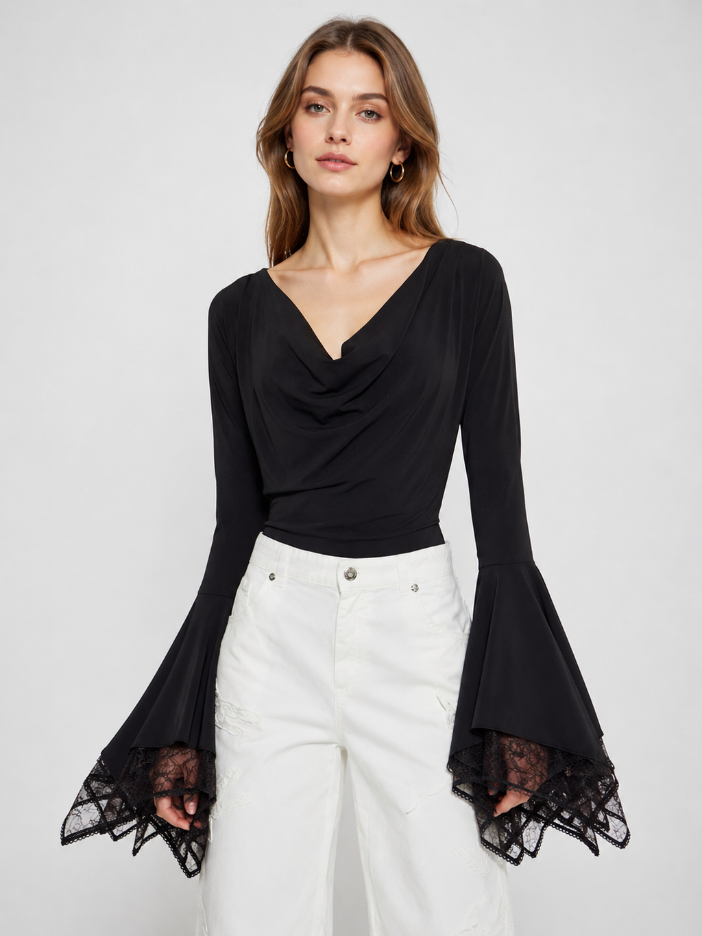 Draped Neck Lace Bell Sleeve Top