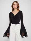 Draped Neck Lace Bell Sleeve Top
