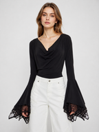 Draped Neck Lace Bell Sleeve Top