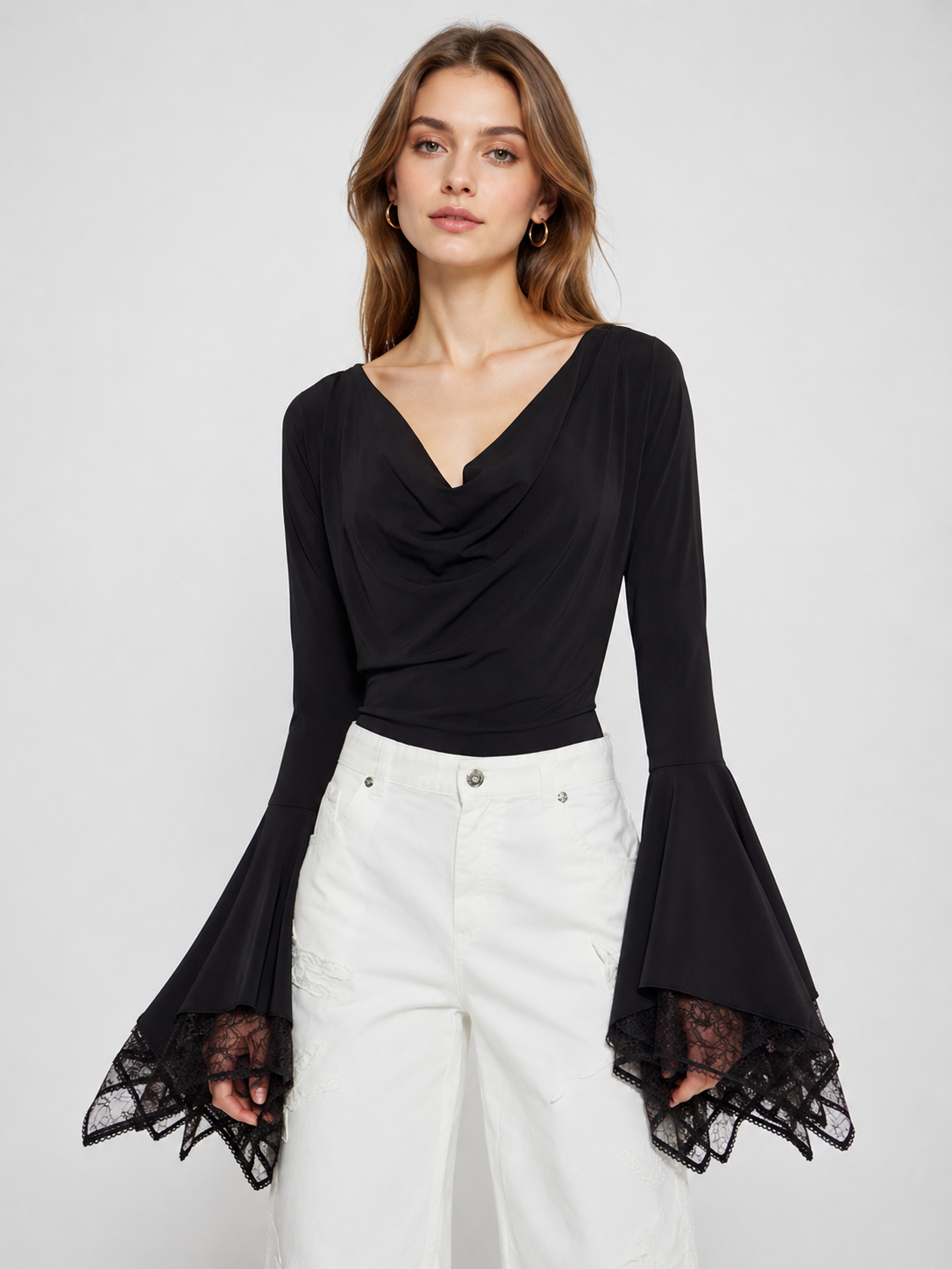 Draped Neck Lace Bell Sleeve Top