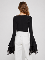 Draped Neck Lace Bell Sleeve Top