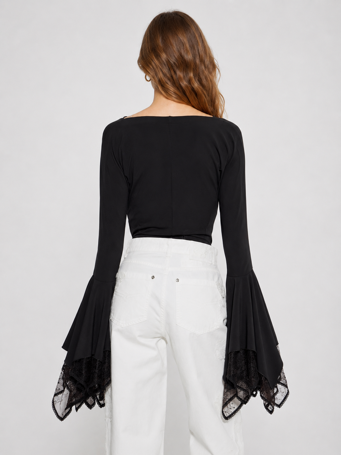 Draped Neck Lace Bell Sleeve Top
