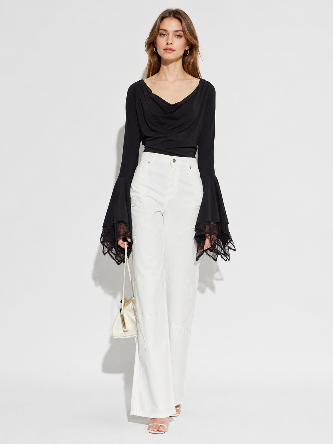 Draped Neck Lace Bell Sleeve Top