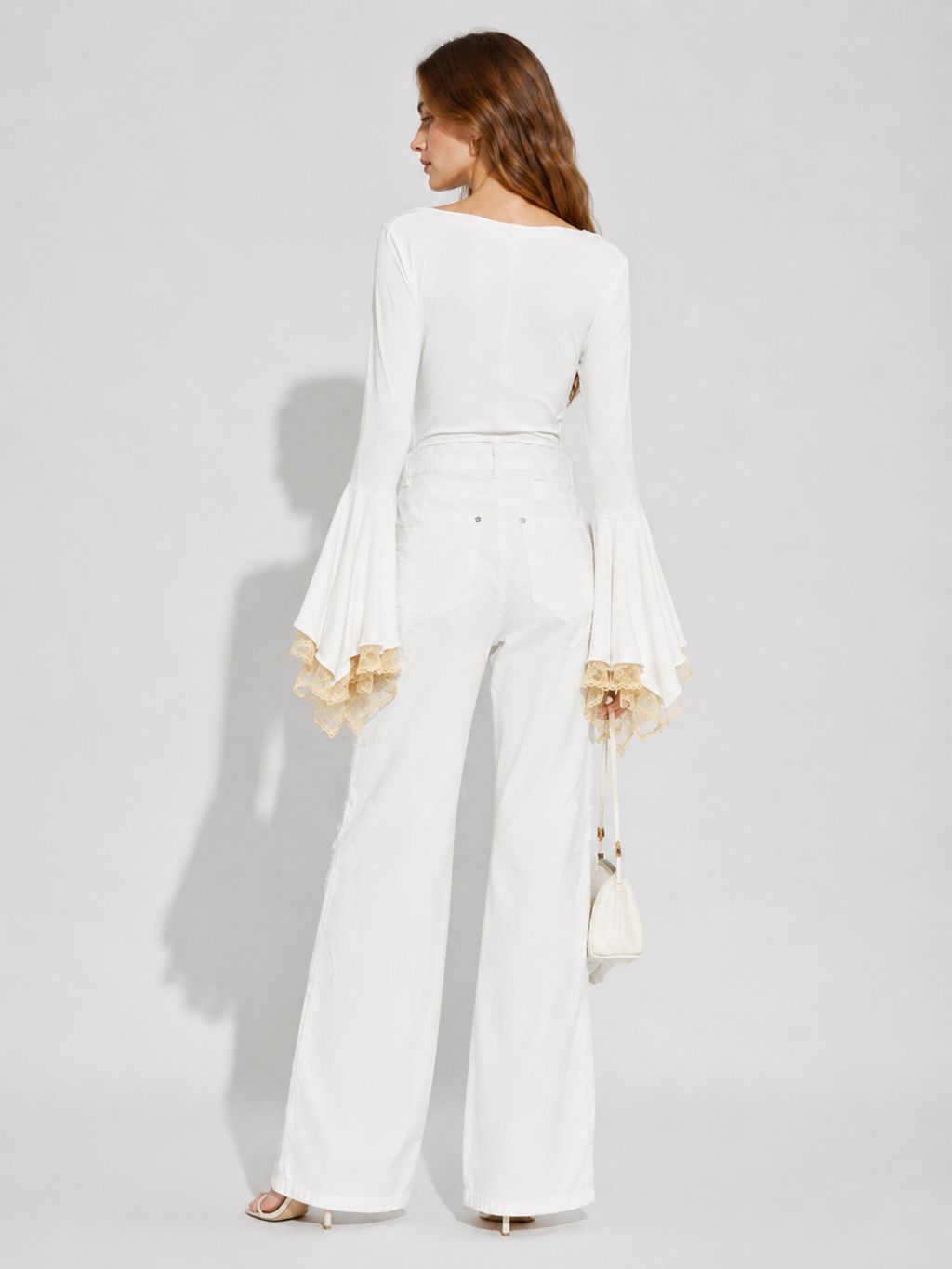 Draped Neck Lace Bell Sleeve Top