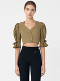 Camel Puff Sleeve Cropped Top