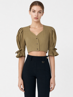 Camel Puff Sleeve Cropped Top